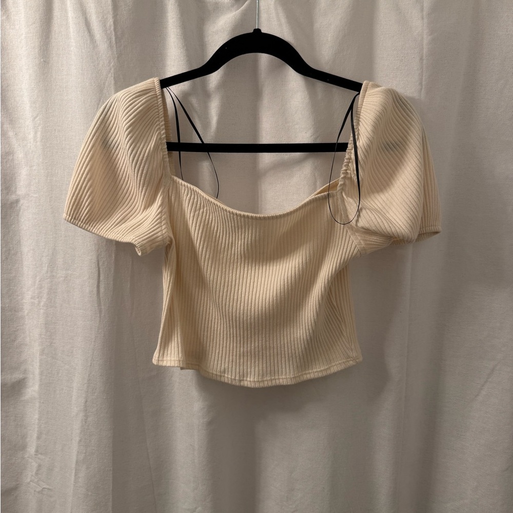 H&M Cream Ribbed Puff Sleeve Crop Top
